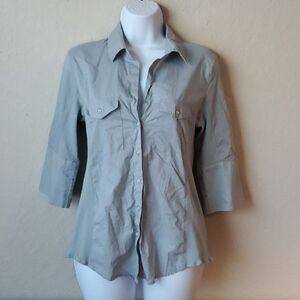Boston Proper Gray Button Down Shirt 100% Cotton Stretch Side Panels 3/4 Sleeve